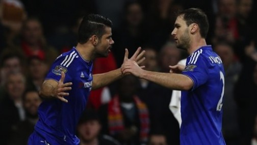 Diego Costa celebrates with Branislav Ivanovic