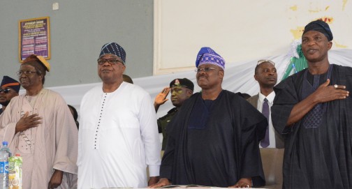 From left, Amb. Abayomi Akintola; Otunba Adebayo Alao-Akala, Governor Abiola Ajimobi and Osun SSG, Alhaji Mashood Adeoti during the 2016 Armed Forces Remembrance Day in Ibadan, Oyo State