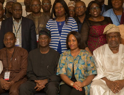 Hon. Minister of Power, Works & Housing, Mr Babatunde Fashola, SAN in a group photograph with the Director General of the Nigerian Pension Commission, Mrs Chinelo Anohu-Amazu (2nd right; sitting) , the Chairman of PenOp , Mr Eguarekhide Longe (left; sitting), other industry leaders and management of PENCOM shortly after delivering his Keynote address at  the Nigerian Pension Industry Strategy Leadership Retreat organized by the National Pension Commission(PENCOM), at the Transcorp Hilton, Abuja on Friday, 22nd January 2016.