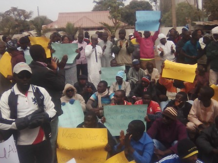 Casual electricity workers protesting over unpaid salaries in Kaduna on Tuesday
