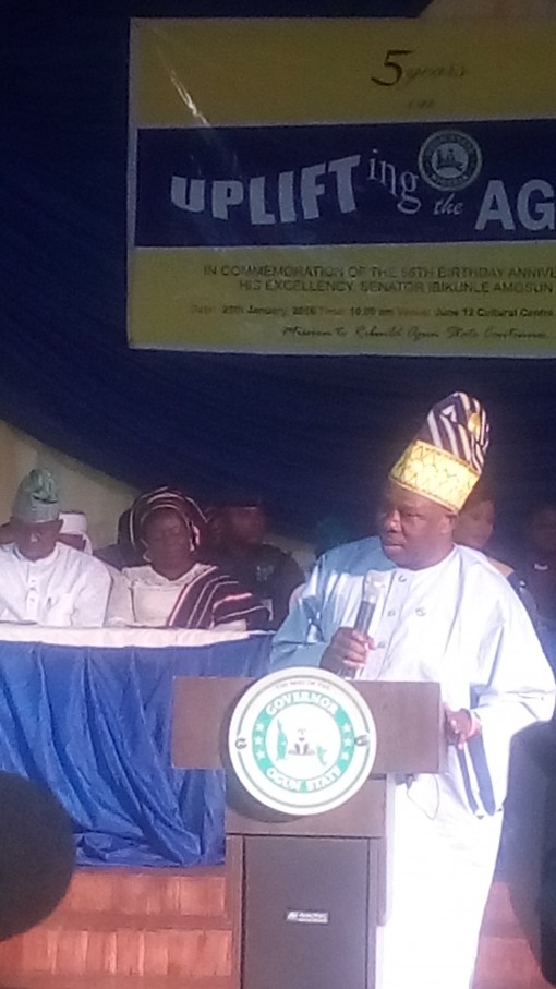 Birthday boy,Governor Ibikunle Amosun of Ogun state while addressing aged persons,with whom he celebrated his birthday today at the June 12 Cultural centre,Kuto,Abeokuta. Photo: Abiodun Onafuye, Abeokuta.