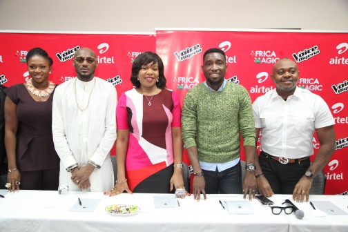 L-R: Waje Iruobe; 2Face Idibia; Wangi Mba-Uzoukwu, Regional Director, M-Net West Africa; Timi Dakolo and Emeka Oparah, Director, Corporate Communications, Airtel during the unveiling of The Voice Nigeria Judges