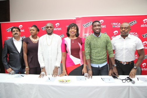 L-R: Danesh Balsingh, Director, Segment, Usage and Retention, Airtel; Waje Iruobe' 2face Idibia; Wangi Mba-Uzoukwu, Regional Director, M-Net West Africa; Timi Dakolo and Emeka Oparah, Director Corporate Communications, Airtel during the press conference to unveil The Voice Nigeria Judges 