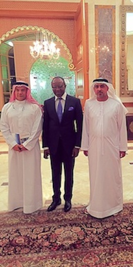 R-L: His Highness, Dr. Sheikh Sultan Bin Khalifa, the Minister of State for Petroleum Resources and Group Managing Director of the Nigerian National Petroleum Corporation, Dr. Ibe Kachikwu and the Advisor to the President of UAE, Zayed Al Nahyan in a sideline group photograph after the Gulf Intelligence UAE Energy Forum of 2016.