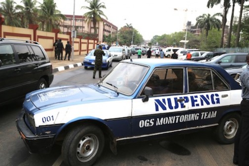 Road Block: NUPENG blocked the road leading to the LASG secretariat and offices