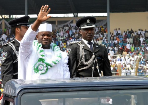 Governor Yahaya Bello greets Kogi indigenes after he was sworn in on Wednesday, 27 Jan. 2016