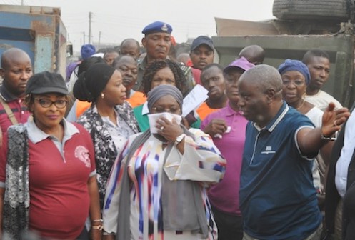 Lagos State Deputy Governor, Dr. (Mrs.) Oluranti Adebule (middle); flanked by Special Adviser to the Governor on the Environment, Mr. Babatunde Hunpe(right) and Executive Secretary, Sari Iganmu Local Council Development Area, Hon. Funmi Muhammad Akande (left), during a Sanitation inspection at Sari Iganmu LCDA, Ijora-Badia, Lagos, on Saturday, January 30, 2016