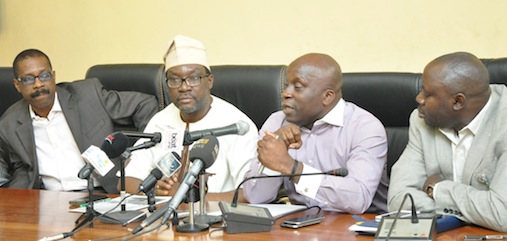 R-L: Special Adviser to the Governor on Sports, Mr. Deji Tinubu (2nd right), addressing journalists on the forthcoming Lagos City Marathon, at the Bagauda Kaltho Press Centre, the Secretariat, Alausa, Ikeja, on Tuesday, January 26, 2016. With him are Chief Press Secretary to the Governor, Mr. Habib Aruna; Commissioner for Information & Strategy, Mr. Steve Ayorinde and Director General, Lagos State Sports Commission, Mr. Ayo Agbesanwa.