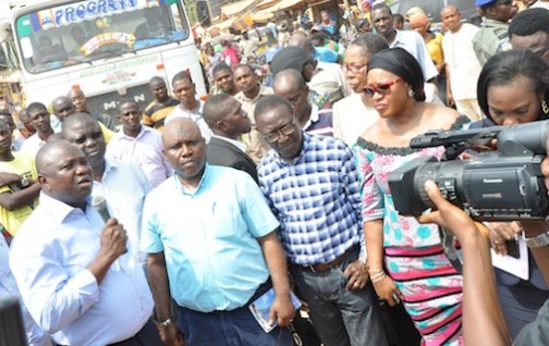 L-R: Lagos State Governor, Mr. Akinwunmi Ambode, addressing residents of Ajasa-Command, during his Inspection Tour of Agbado Oke-Odo LCDA, on Thursday, January 21, 2016. With him are Deputy Director, Ministry Works & Infrastructure, Engr. Rasheed Akindele; General Manager, Lagos State Public Works Corporation (LSPWC), Engr. Ayotunde Sodeinde and member, House of Representative, Hon. Jumoke Okoya-Thomas