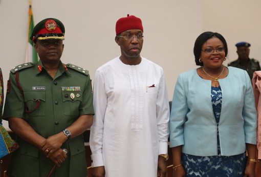 Delta State Governor, Senator Ifeanyi Okowa (middle); the Director General NYSC, Brig. Gen. Johnson Olawumi (left) and the State Coordinator NYSC, Mrs. Olive Etukudo, during a courtesy call on the Governor by the Director General NYSC and his Team, in Asaba.