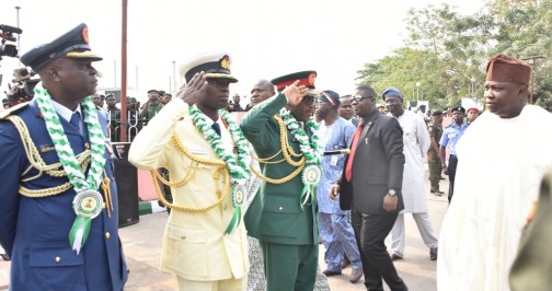  R-L: Lagos State Governor, Mr. Akinwunmi Ambode, being welcomed by Commander, 9 Mechanized Brigade, Brigadier General Bulama Biu; Commander, Nigeria Navy Ship Beecroft Apapa, Navy Commodore Abraham Adaji and Commander, 435 Base Service Group, Ikeja, Air Commodore Danladi Santa Bausa, during the Y2016 Armed Forces Remembrance Day, at the Remembrance Arcade, Tafawa Balewa Square, Lagos, on January 15, 2016. 