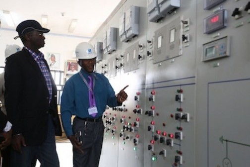 Hon. Minister of Power, Works & Housing, Mr Babatunde Fashola, SAN (left) being conducted round the Control Room of the Apir 330/132/33KV Transmission Station in Makurdi, Benue State by the System Operator, Mr E.N lke ,  during the  inspection, verification and fact finding tour of the Ministry's projects in the North Central Zone as part of a nationwide tour of projects on Tuesday, 26th January 2016