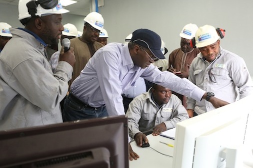 Hon. Minister of Power, Works & Housing, Mr Babatunde Fashola, SAN (2ndleft), the Minister of State in the Ministry, Hon. Mustapha Baba Shehuri (behind) watch with keen interest as the Shift lead, Engr. Wasiu Olatunji, (left), explain the operations of the Control Room at the Geregu II Power Plant, Kogi State during the ongoing  inspection , verification and fact finding tour of the Ministry’s projects in the North Central Zone as part of a nationwide tour of projects on Monday, 25th January 2016