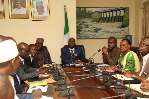 Hon. Minister of Power, Works & Housing, Mr Babatunde Fashola, SAN (middle), the Hon. Minister of State in the Ministry, Hon. Mustapha Baba Shehuri (3rd left), the Permanent Secretary of Power, Mr Louis Edozien (3rd right), Director in the Ministry, Mrs Grace Papka , (2nd right ), Managing Director , Nigerian Electricity Management Services Agency (NEMSA) , Engnr. Peter Ewesor (right ),Chairman MEMMCOL, Engr. Kola Balogun, (2nd left), the Executive Secretary of the Electricity Meters Manufacturers Association of Nigeria (EMMAN), Mr Muideen Ibrahim (left) and others during a meeting with the local electricity meter manufacturers hosted by the Ministry of Power, Works and Housing in Abuja on Monday, January 4 ,2016.