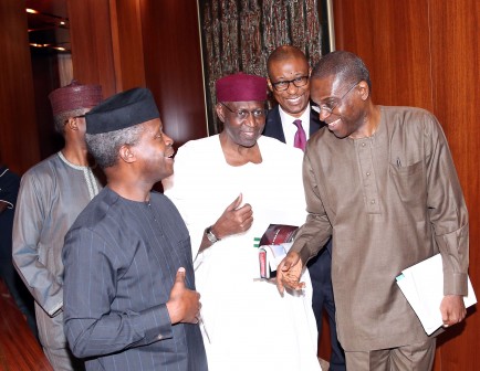 L-R; Vice President Yemi Osinbajo, Chief of Staff to the President, Abba Kyari, Minister of Industry, Trade and investment, Mr Okechukwu Enelamah and Permanent Secretary Ministry of Power, Works and Housing, Mr Louis O.N Edozien during an audience with the visiting US Secertary of Commerce at the State House in Abuja. PHOTO; SUNDAY AGHAEZE. JAN 26 2016.