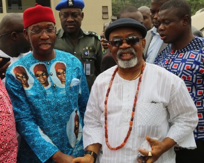 Delta State Governor, Senator Ifeanyi Okowa (left) and Minister of Labour and Employment, Dr. Chris Ngige, during the Funeral Mass of Pa Pius Ngige at St Mary's Catholic Church, Alor, Anambra State on Friday 22 Jan, 2016.