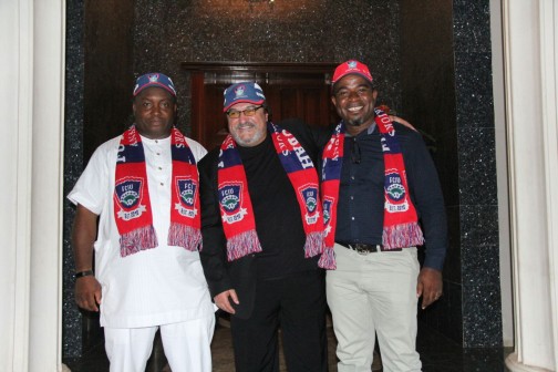 Bulgarian Coach, Dobrev (middle) at his unveiling to Ifeanyi Mbah FC fans at the Agege Stadium in Lagos on Sunday, 24 Jan, 2015.