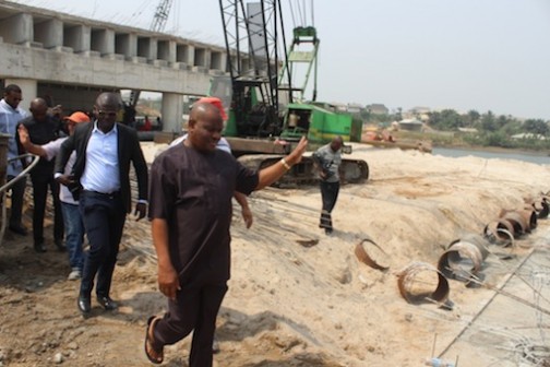 Rivers State Governor, Nyesom Ezenwo Wike inspecting the second bridge under construction at the Woji-Akpajo road in Port Harcourt on Saturday