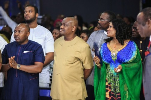 Rivers State Governor, Nyesom Ezenwo Wike and his wife, Justice Suzzette Eberechi Wike during the last day of the 5 Nights of Glory at the headquarters of the Salvation Ministries in Port Harcourt on Friday 