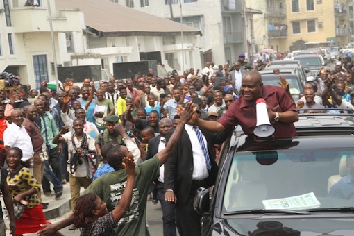 Rivers State Governor, Nyesom Wike during the  “meet the people victory parade” in Port Harcourt and Obio/Akpor Local Areas on Friday