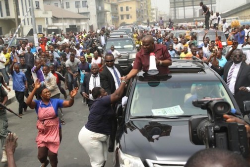 Rivers State Governor, Nyesom Wike during the  "meet the people victory parade" in Port Harcourt and Obio/Akpor Local Areas on Friday