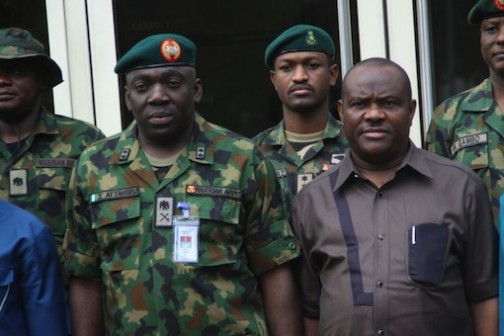 Rivers State Governor, Nyesom Wike shake hands with the General Officer Commanding, GOC, 82 Division, Enugu, Major General Ibrahim Attahiru at the Government House, Port Harcourt on Tuesday