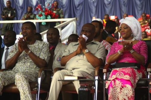 L-R: General Overseer of RCCG, Pastor Enoch Adeboye; Rivers State Governor, Nyesom Wike and his wife, Justice Suzette Nyesom-Wike during the Holy Ghost Rally in Port Harcourt on Sunday