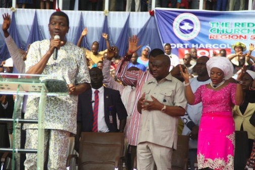 L-R: General Overseer of RCCG, Pastor Enoch Adeboye; Rivers State Governor, Nyesom Wike and his wife, Justice Suzette Nyesom-Wike during the Holy Ghost Rally in Port Harcourt on Sunday