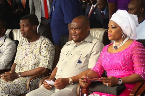 L-R: General Overseer of RCCG, Pastor Enoch Adeboye; Rivers State Governor, Nyesom Wike and his wife, Justice Suzette Nyesom-Wike during the Holy Ghost Rally in Port Harcourt on Sunday