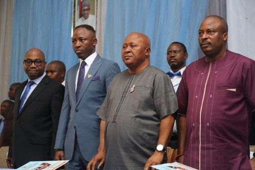 Speaker, Delta State House of Assembly, Rt. Hon Monday Igbuya (2nd right); Deputy Speaker, Rt Hon Friday Osanebi (2nd left); State PDP Chairman, Chief Edwin Uzor (right) and Secretary to the State Government, Rt. Hon Festus Agas, during a One-Day Stakeholders Summit on Vandalization of Oil & Gas Facilities and Installations at P.T.I. Conference Centre, Effurun. Pix: Bripin Enarusai