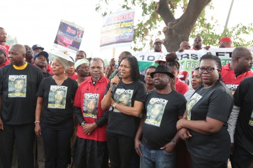 L-R: Mr. Popoola Ajayi, Nat, Pub. Sec (CD); Comrade Ayodele Akele - Chairman. GAFAMORG; Comrade Femi Aborisade; Social Crusader; Beko's Granddaughter, Lolari Popoola;  Mrs Abosede Ransome-Kuti - Dr. Beko's widow; Dr  Joe Okei-Odumakin  President, Campaign for Democracy (CD) & Women Arise; Admiral Ndubuisi Kanu - NADECO Chairman; and Prince Obi Goodluck - Executive President, United Nations of Youth Nigeria @ The Commemorative Rally and Wreath laying on the 10th year of Dr. Beko Ransome-Kuti's demise, organised by CD & Women Arise, Wednesday 10th Feb., 2016, Lagos.