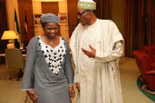 President Muhammadu Buhari (R) chatting with Abike Dabiri-Erewa