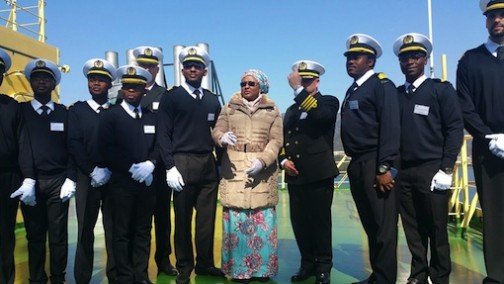 Wife of the President. Mrs Aisha Muhammadu Buhari (M) with the captains of NLG Abuja II ship at Samsung In Seoul, South Korea