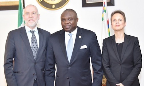 Lagos State Governor, Mr. Akinwunmi Ambode (middle), flanked by the Deputy Minister, Finland Ministry of Foreign Affairs, Mr. Matti Anttonen (left) and Ambassador of Finland to Nigeria, Ambassador Pirjo Suomela-Chowdhury (right), during a courtesy visit to the Governor by a Delegation from Finland, at the Lagos House, 