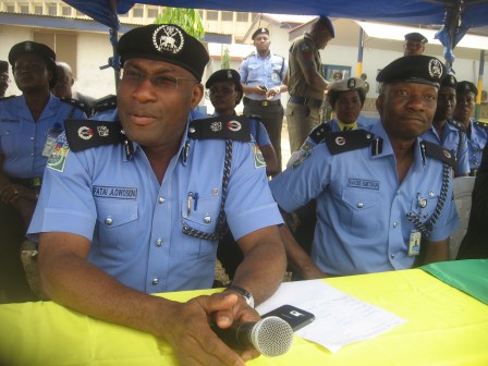 CP Fatai Owoseni (left) and ACP Kayode Egbetokun commandant, Ikeja Police College at the passing out 42 officers who took part in a one week retraining at the college 