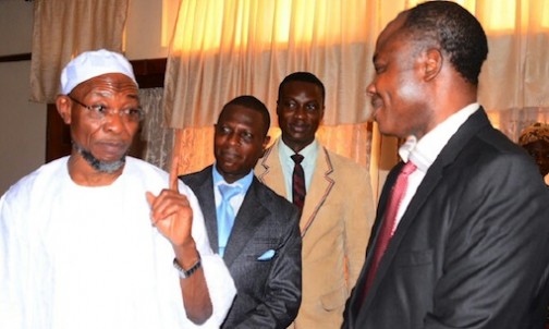 Governor State of Osun, Ogbeni Rauf Aregbesola, Public Relation Officer of Association of Medical Officers of Health in Nigeria (AMOHN), Osun State Chapter, Dr. Adewale Aderibigbe, Secretary of AMOHN, Dr. Olusegun Olaogun and Chiarman of the Association, Dr. Fabiyi Oluwole during a Courtesy Visit to the Governor, at Governor's Office Abere, Osogbo on 18/02/2016