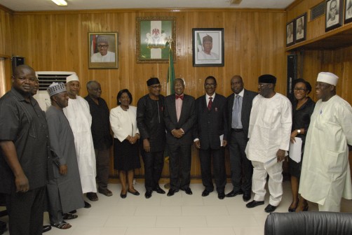 The Minister of Information and Culture, Alhaji Lai Mohammed with Prof Itse Sagay and other members of Presidential Advisory Committee Against Corruption, during a visit to Mohammed's office in Abuja, on Tuesday, 9 Feb. 2016