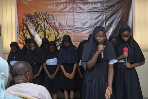Students of Taqwa Private School performing one of the poems in the book 'I Am A Chibok Girl'.
