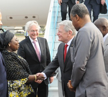 Lagos State deputy governor, Dr. Idiat Oluranti Adebule  welcoming President  Joachim Gauck of Germany  (2nd right) who is on official visit to Lagos State,  at the presidential wing of the Murtala Muhammed International airport, Ikeja on Monday, February 8,2016. With them are German Ambassador to Nigeria Mr. Michael Zenner (2nd left) and the Nigeria foreign Affairs Minister, Mr Geoffrey Onyeama,