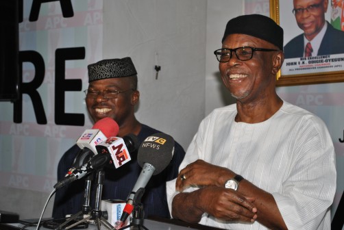 APC National Chairman, Chief John Odigie-Oyegun (right) and the party's Deputy National Chairman (South), Engr. Segun Oni during a briefing with APC Correspondents on Friday, 26 Feb, 2016