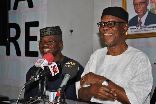 APC‎ National Chairman, Chief John Odigie-Oyegun (right)‎ ‎and the party's Deputy National Chairman (South), Engr. Segun Oni‎ during a briefing with APC Correspondents on Friday, 26 Feb, 2016