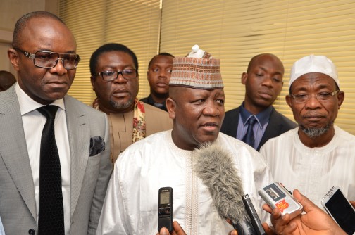 (L-R) Minister of State for Petroleum Resources and Group Managing Director of the NNPC, Dr. Ibe Kachikwu, Mallam Abdulaziz Yari, Chairman of the Nigerian Governors Forum, Engr. Rauf Aregbesola, Governor of Osun State during a visit of the delegation of the NGF to the NNPC Towers Abuja….Thursday 