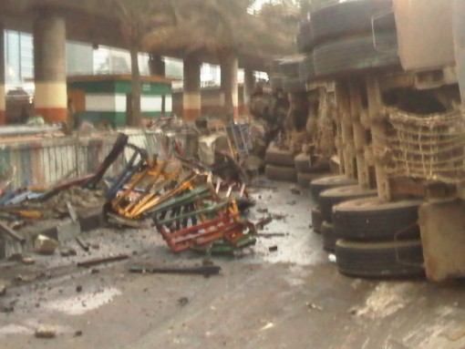 IThe truck which crashed at CMS bus terminus on Thursday morning