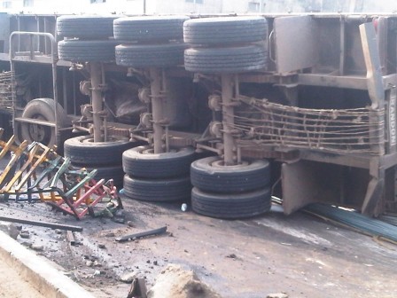 The truck which crashed at CMS bus terminus on Thursday morning.