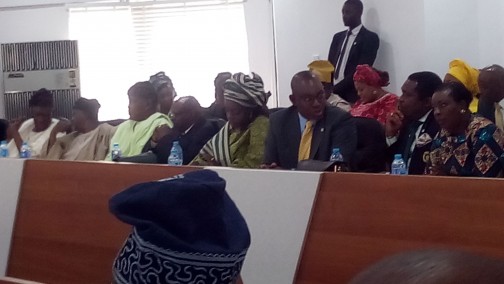 L-R: Past Military Administrators of Ogun State: Seidu Balogun, Oladipo Diya, Daniel Akintonde and Sam Ewang; Minister for Finance, Kemi Adeosun; State Commissioner for Works and Infrastructures, Arch. Olamilekan Adegbite; Commissioner for Commerce and Industry, Otunba Bimbo Ashiru and Agriculture Commissioner, Ronke Sokefun at the special executive council session at Oke Mosan, Abeokuta, on Monday, 1 Feb, 2016. Photo: Abiodun Onafuye, Abeokuta.