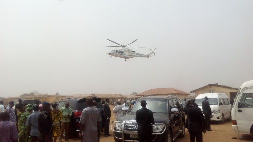 Chopper conveying Vice President Prof. Yemi Osinbajo about to touch down at the Ansar ud deen Primary School playing ground, Ota, Wednesday, 3 Feb. 2016 Photo: Abiodun Onafuye/P.M.NEWS