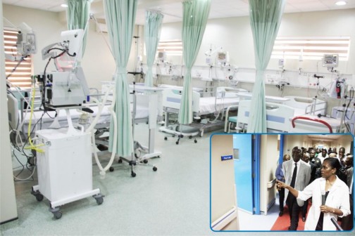 Inside the renal centre. Inset: Governor Babatunde Fashola commissioning the centre in March, 2015