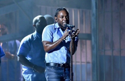 Kendrick Lamar performing on stage during the 58th Grammy Awards