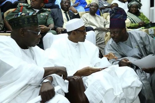 L-R: Chief Olusegun Obasanjo, President Muhammadu Buhari and Governor Ibikunle Amosun at a reception late Monday night at MKO Abiola stadium, Abeokuta. Photo: Abiodun Onafuye, Abeokuta