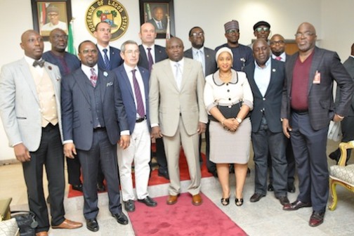 File Photo: Lagos State Governor, Mr. Akinwunmi Ambode (middle), in a group photograph with Board member, FC Barcelona of Spain, Pau Vilanova i Vila Abadal (3rd left); Commissioner for Sports, Pharm. (Mrs.) Uzamat Akinbile-Yusuf (3rd right); Special Adviser to the Governor on Sports, Mr. Deji Tinubu (2nd right), President, Nigeria Football Federation (NFA), Mr. Amaju Melvin Pinnick (right) and others, during a courtesy visit to the Governor by FC Barcelona of Spain, at the Lagos House, Ikeja, on Monday, February 22, 2016